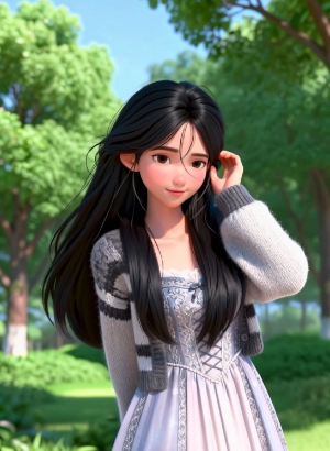 anime girl with long black hair in a park wearing a knit cardigan